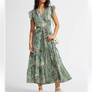 Paani Green Paisley Wrap Midi Dress Flutter Sleeves Boho Small